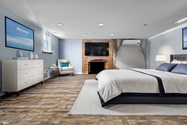 Bedroom, Fireplace, Interior, Recessed Lighting, Wood Texture Flooring