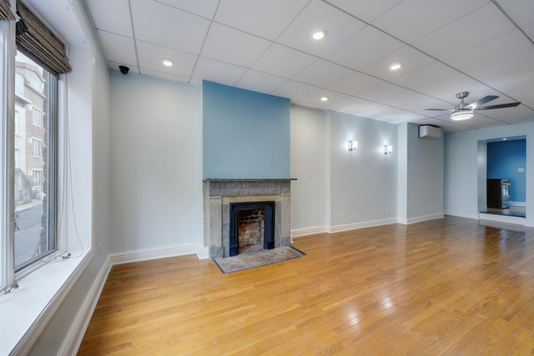 Empty room, Fireplace, Interior, Recessed Lighting, Wood Texture Flooring