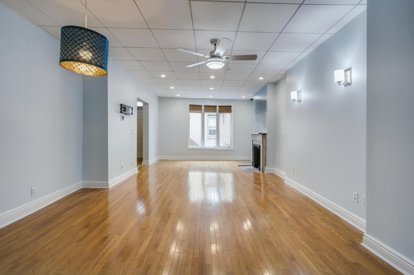 Empty room, Fireplace, Interior, Recessed Lighting, Wood Texture Flooring