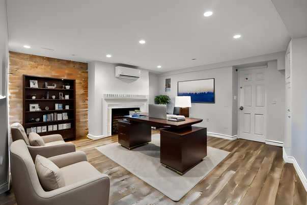 Fireplace, Home Office, Interior, Recessed Lighting, Stone Walls, Wood Texture Flooring