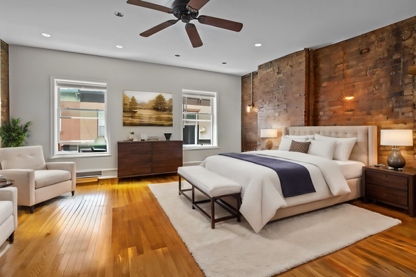 Bedroom, Interior, Pendant Lights, Recessed Lighting, Stone Walls, Wood Texture Flooring