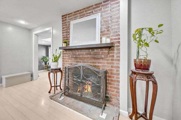 Fireplace, Interior, Recessed Lighting, Stone Walls, Wood Texture Flooring
