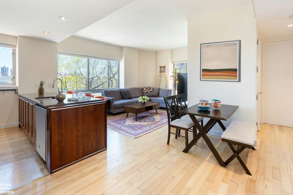 Dining room, Interior, Living room, Recessed Lighting, Wood Texture Flooring