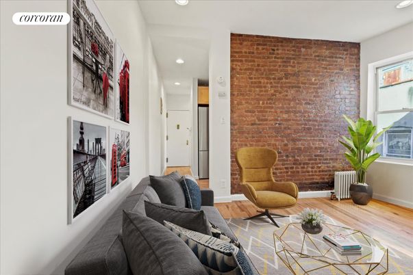 Interior, Living room, Recessed Lighting, Stone Walls, Wood Texture Flooring