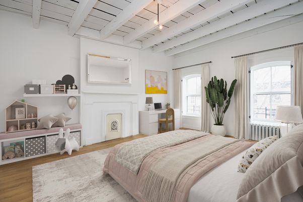 Bedroom, Fireplace, Interior, Pendant Lights, Wood Texture Flooring