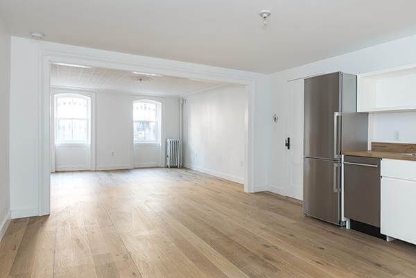 Empty room, Interior, Kitchen, Recessed Lighting, Wood Texture Flooring