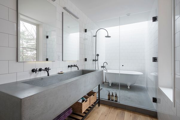 Bathroom, Dual Sink Vanities, Free Standing Baths, Glass Shower, Interior, Wood Texture Flooring