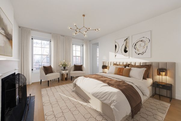 Bedroom, Interior, Pendant Lights, Wood Texture Flooring
