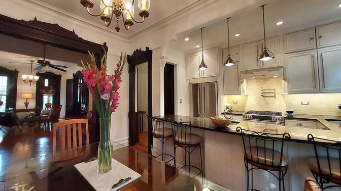 Chandelier, Dining room, Interior, Kitchen, Pendant Lights, Recessed Lighting, Stainless Steel Appliances, Wood Texture Flooring