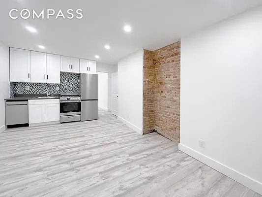 Interior, Kitchen, Recessed Lighting, Stainless Steel Appliances, Stone Walls, Wood Texture Flooring