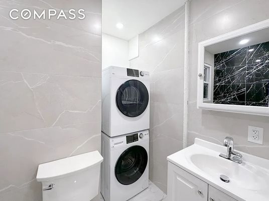 Bathroom, Interior, Marble Walls, Recessed Lighting, Utility Closets, Washer