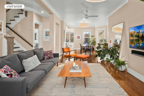 Dining room, Interior, Living room, Recessed Lighting, Wood Texture Flooring