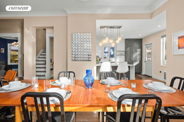Dining room, Interior, Pendant Lights, Recessed Lighting, Wood Texture Flooring