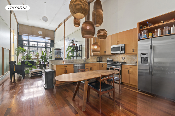 Dining room, Interior, Kitchen, Pendant Lights, Stainless Steel Appliances, Wood Texture Flooring