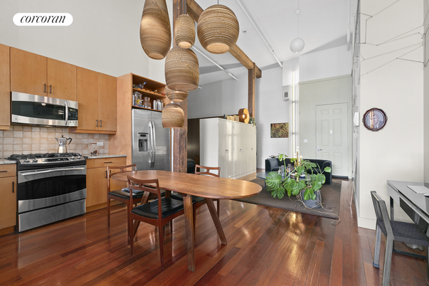 Dining room, Interior, Kitchen, Pendant Lights, Stainless Steel Appliances, Wood Texture Flooring