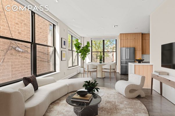 Dining room, Interior, Kitchen, Living room, Recessed Lighting, Stainless Steel Appliances, Wood Texture Flooring