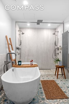 Bathroom, Free Standing Baths, Glass Shower, Interior, Marble Walls, Recessed Lighting