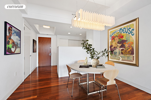 Dining room, Interior, Pendant Lights, Recessed Lighting, Wood Texture Flooring