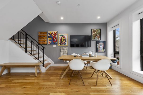 Dining room, Interior, Recessed Lighting, Wood Texture Flooring