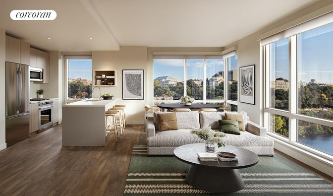 Dining room, Interior, Kitchen, Living room, Recessed Lighting, Stainless Steel Appliances, Wood Texture Flooring