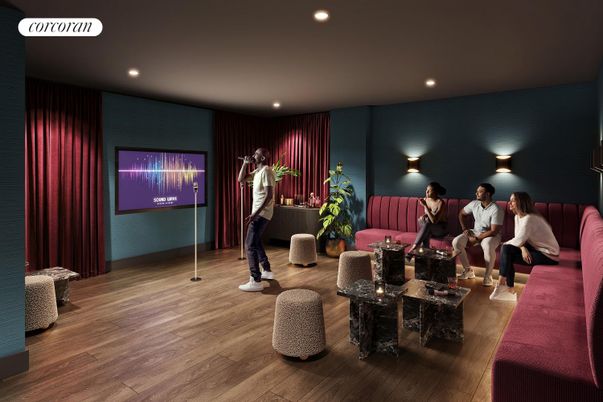 Interior, Projection Screen, Recessed Lighting, Wood Texture Flooring