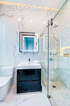 Bathroom, Glass Shower, Interior, Marble, Marble Walls, Recessed Lighting