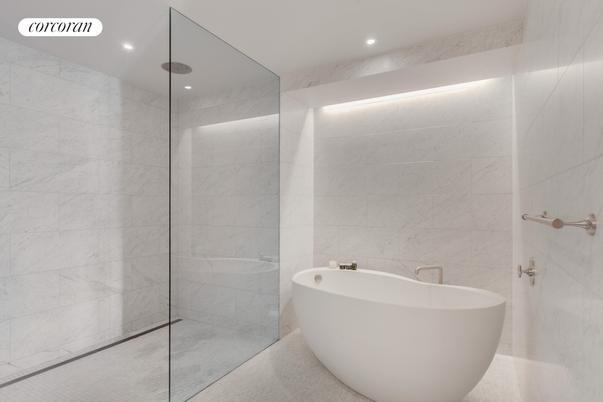 Bathroom, Free Standing Baths, Glass Shower, Interior, Marble Walls, Recessed Lighting