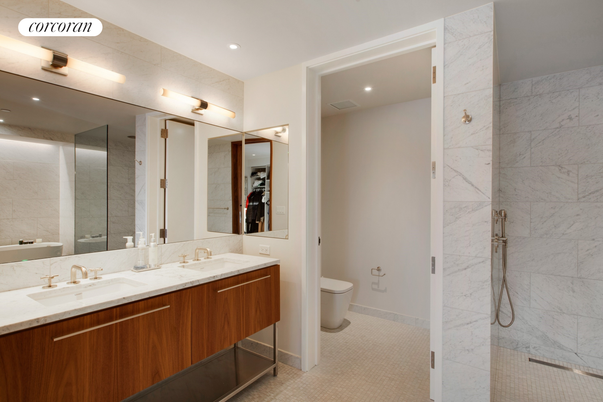 Bathroom, Dual Sink Vanities, Interior, Marble Walls, Recessed Lighting