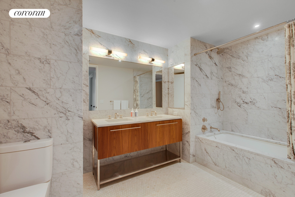 Bathroom, Dual Sink Vanities, Interior, Marble Walls, Recessed Lighting
