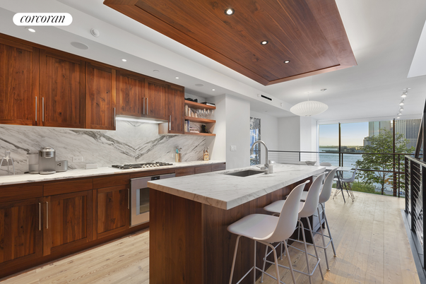 Chandelier, Interior, Kitchen, Marble Walls, Recessed Lighting, Stainless Steel Appliances, Water, Wooden Ceilings, Wood Texture Flooring