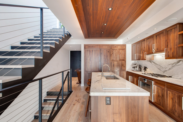 Interior, Kitchen, Recessed Lighting, Stainless Steel Appliances, Wooden Ceilings, Wood Texture Flooring