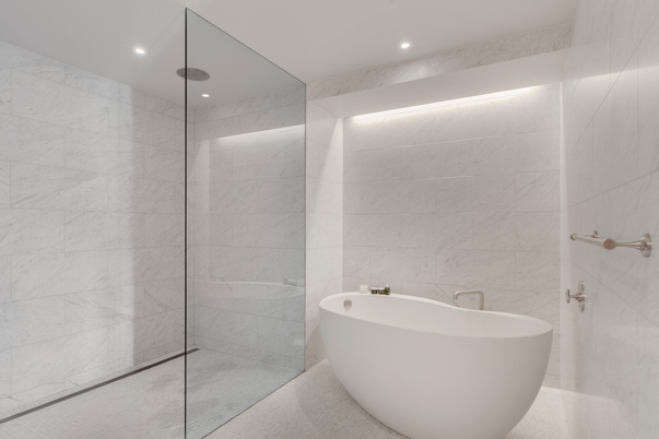 Bathroom, Free Standing Baths, Glass Shower, Interior, Marble Walls, Recessed Lighting