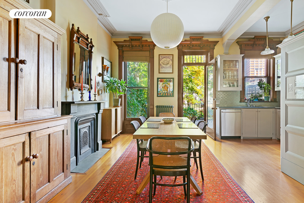 Dining room, Fireplace, Interior, Kitchen, Pendant Lights, Wood Texture Flooring