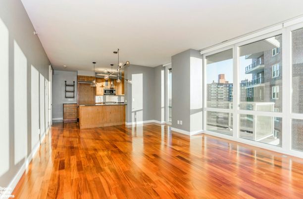 Empty room, Interior, Kitchen, Pendant Lights, Stainless Steel Appliances, Wood Texture Flooring
