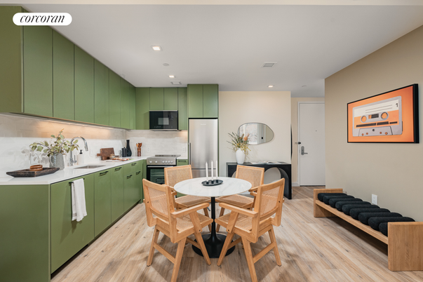 Dining room, Interior, Kitchen, Recessed Lighting, Stainless Steel Appliances, Wood Texture Flooring