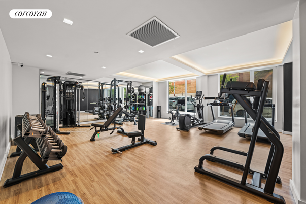 Fitness Equipment, Gym, Interior, Recessed Lighting, Wood Texture Flooring
