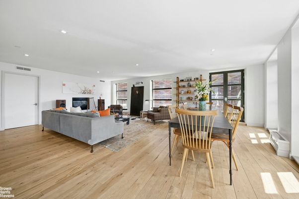 Dining room, Fireplace, Interior, Living room, Recessed Lighting, Wood Texture Flooring