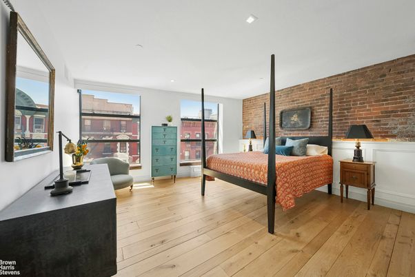 Bedroom, Interior, Recessed Lighting, Stone Walls, Wood Texture Flooring