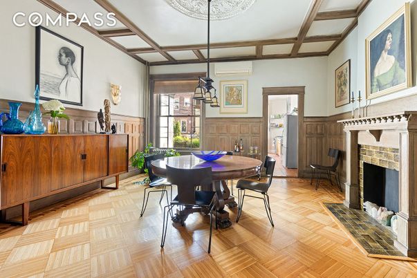 Dining room, Fireplace, Interior, Pendant Lights, Wood Texture Flooring