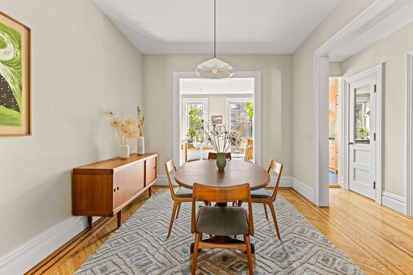 Dining room, Interior, Pendant Lights, Wood Texture Flooring