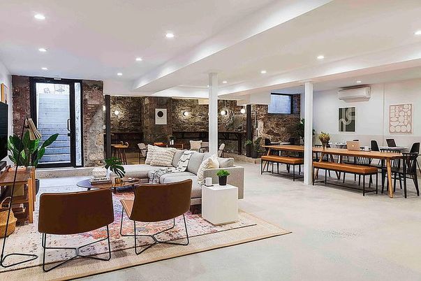 Dining room, Interior, Living room, Pendant Lights, Recessed Lighting, Stone Walls