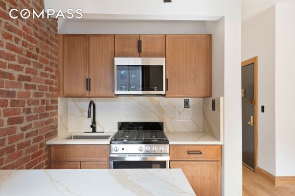 Interior, Kitchen, Stainless Steel Appliances, Stone Walls, Wood Texture Flooring