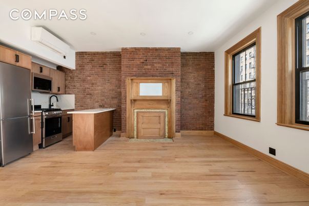 Interior, Kitchen, Recessed Lighting, Stainless Steel Appliances, Stone Walls, Wood Texture Flooring