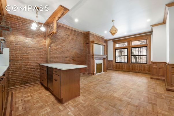 Fireplace, Interior, Pendant Lights, Recessed Lighting, Stone Walls, Wood Texture Flooring