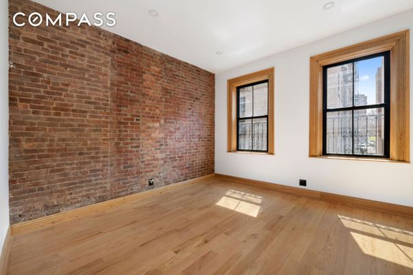 Empty room, Interior, Recessed Lighting, Stone Walls, Wood Texture Flooring