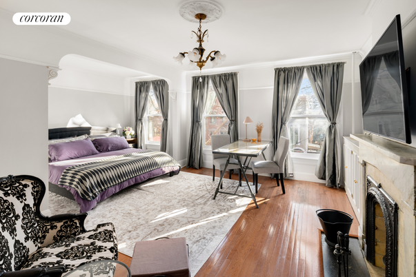 Bedroom, Fireplace, Home Office, Interior, Wood Texture Flooring