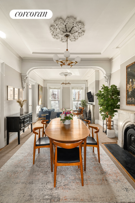 Dining room, Fireplace, Interior, Living room, Pendant Lights, Piano, Wood Texture Flooring