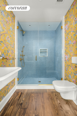 Bathroom, Glass Shower, Interior, Recessed Lighting, Wood Texture Flooring