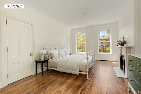 Bedroom, Fireplace, Interior, Wood Texture Flooring