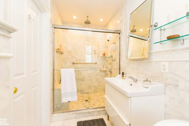 Bathroom, Glass Shower, Interior, Marble Walls, Recessed Lighting